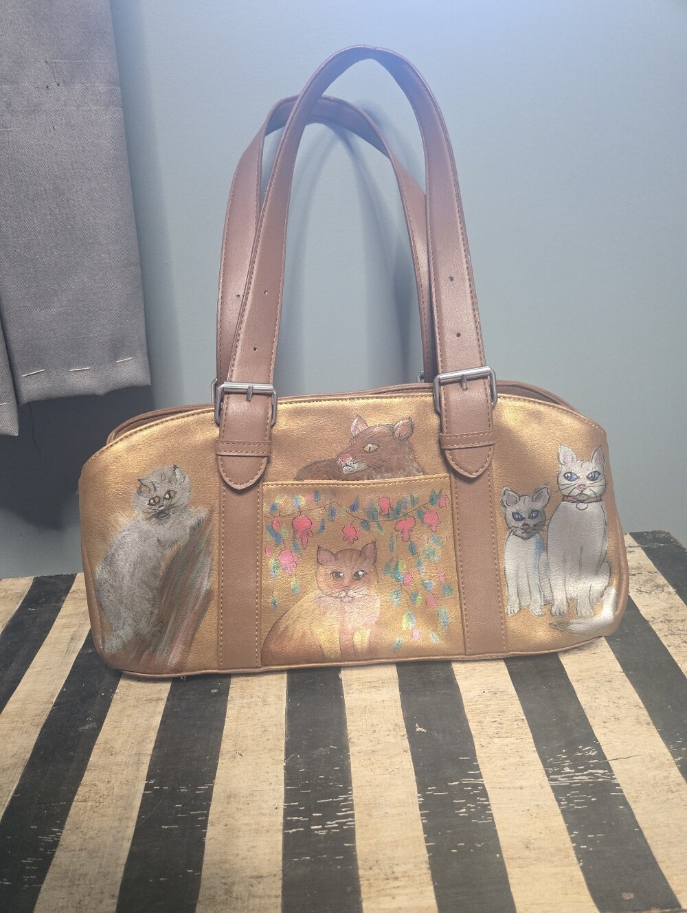 Unique Handpainted Cats On Vintage Cornell Purse